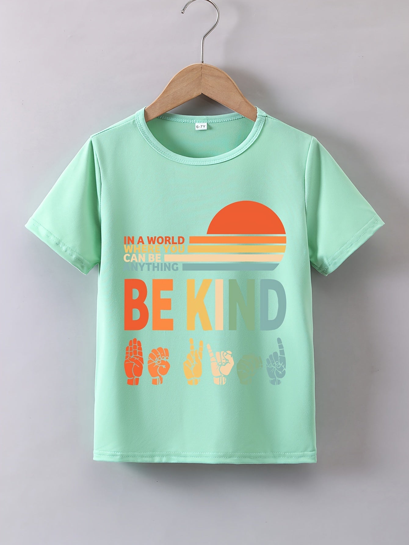 Vibrant BE KIND Print Crew Neck Tee - Soft, Breathable, Short Sleeve, Casual Daily Wear for Boys - Perfect Summer Top for Outdoor Play and School