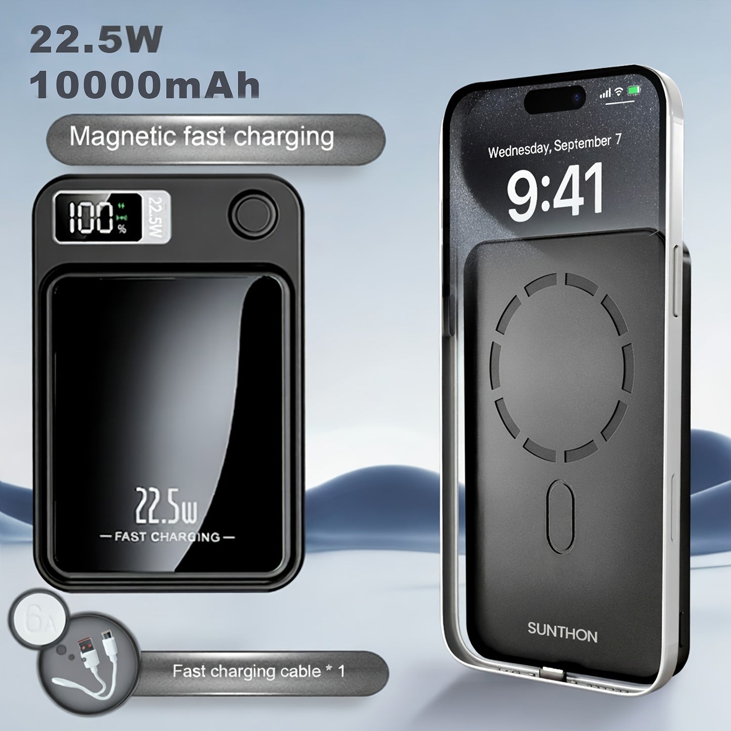 Sunthon Magnetic Wireless Charging Power Bank, 10000/5000mAh Portable Wireless Charger, 22.5W/PD20W Fast Charging Battery Pack, with LED Power Display, 2 Outputs And Dual Input External Battery Pack for iPhone 17/16/15/14/13/