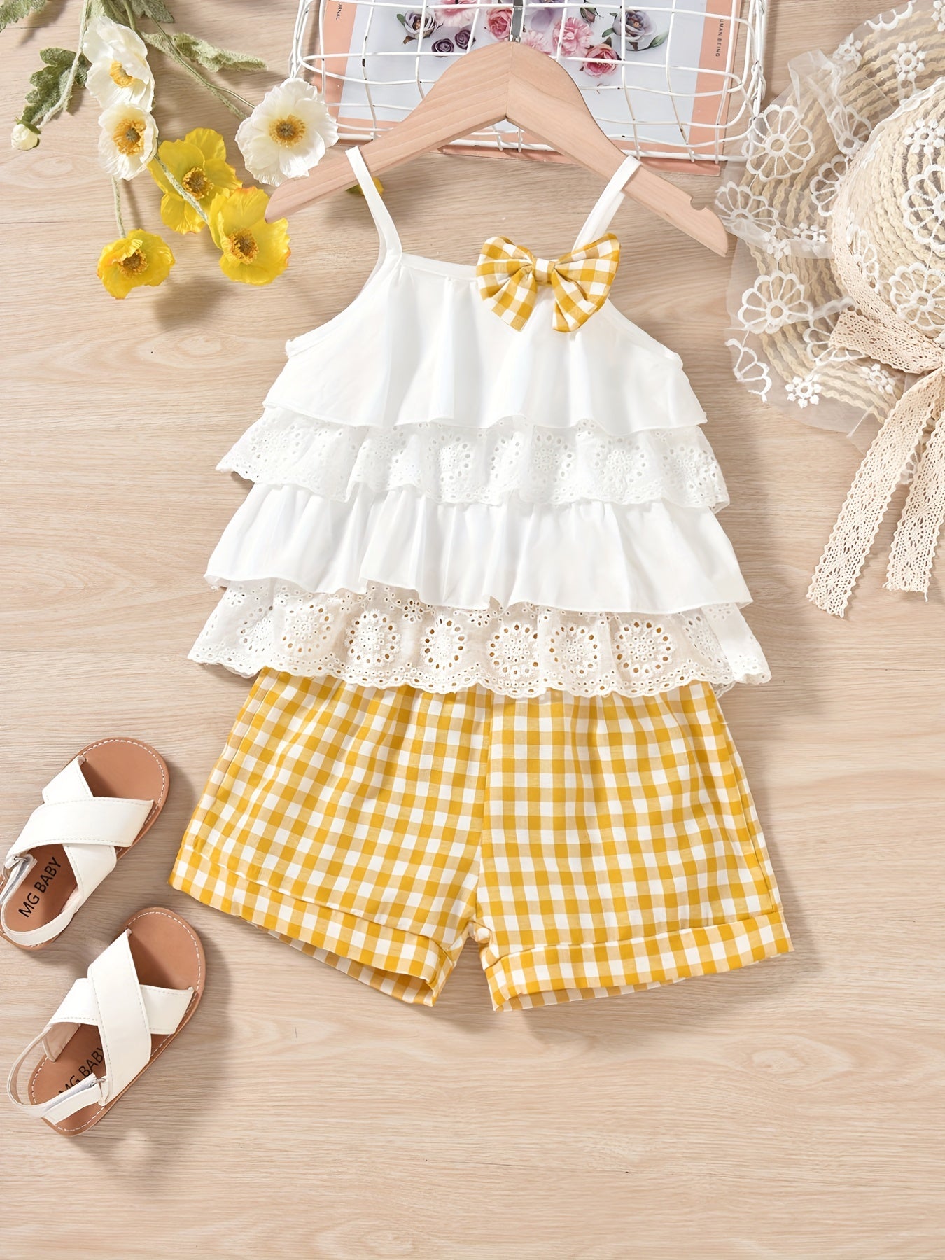 2pcs Girls’ Ruffles Cami Top & Plaid Shorts – Summer Outfit with Flower Hollow Bow