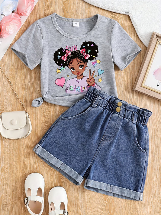 Sweet Girls Cartoon Doll Graphic Print Short Sleeve Tee & Denim Shorts