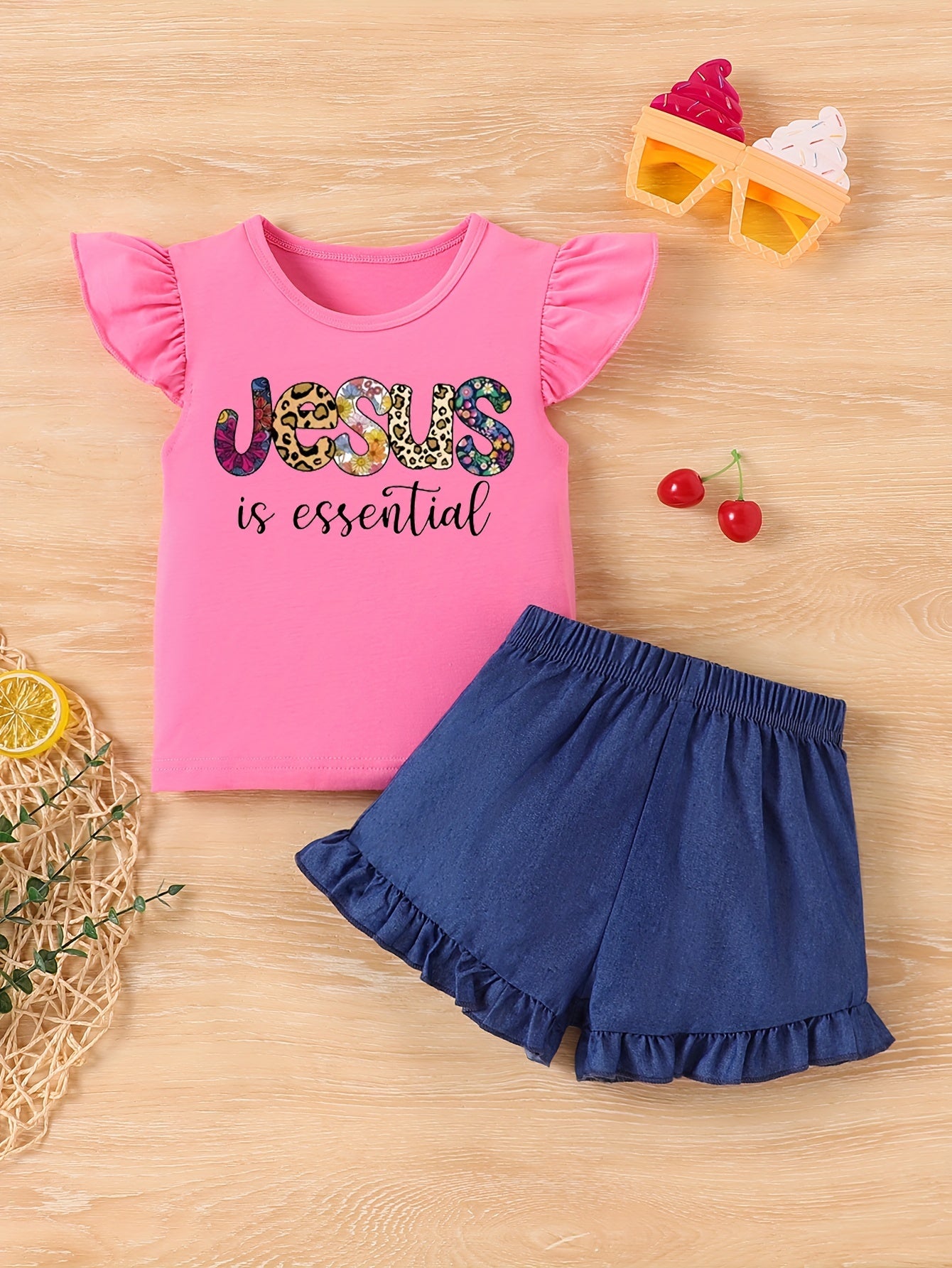 Jesus Is Essential Print, Baby Girls' Trendy & Stylish Outfit, 2pcs/set Short Sleeve Crew Neck Ruffle Trim Tee & Ruffle Hem Shorts For Spring & Summer, Toddler Girls' Clothing