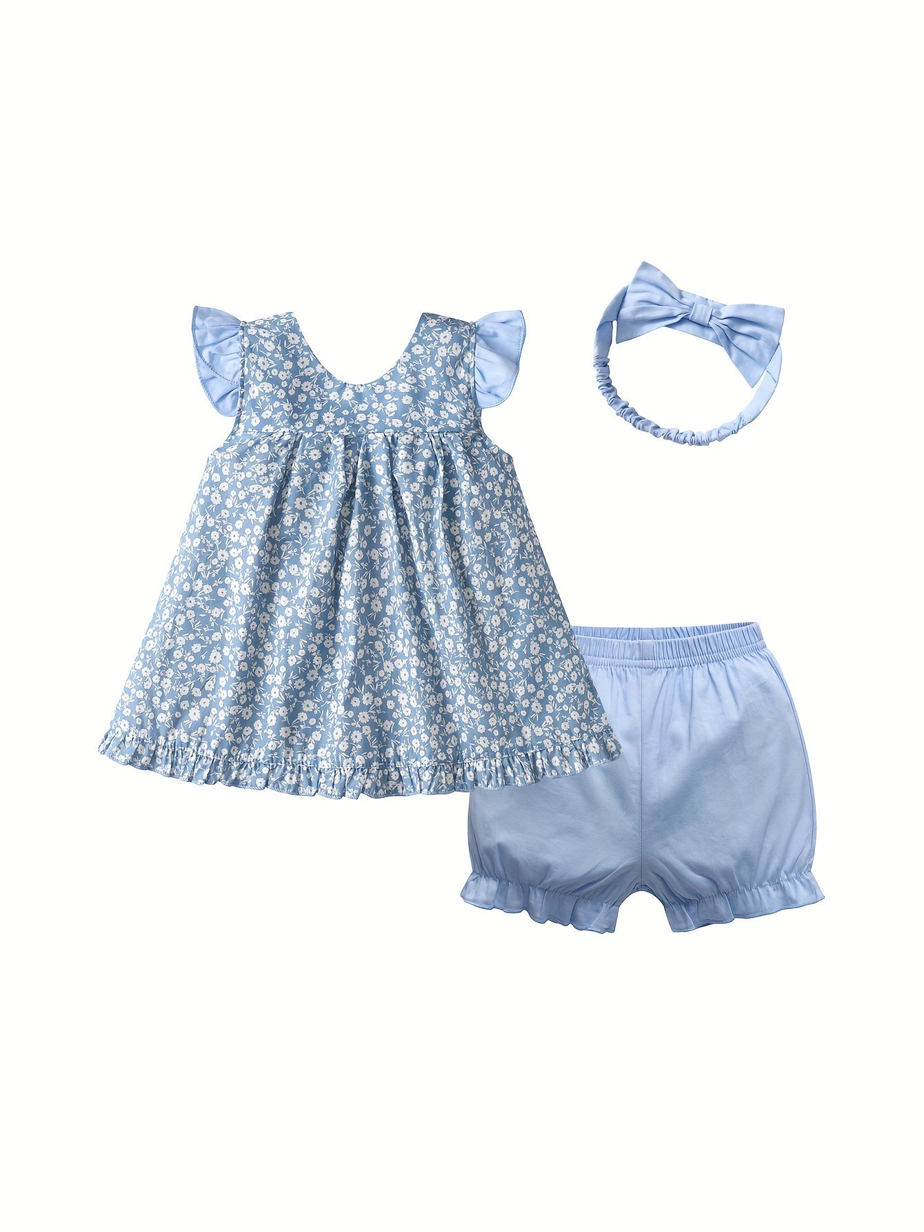 2pcs Comfy Cotton Toddler & Infant Girl's Clothing Set: Square Neck Flower Pattern Cap Sleeve Top & Shorts for Summer