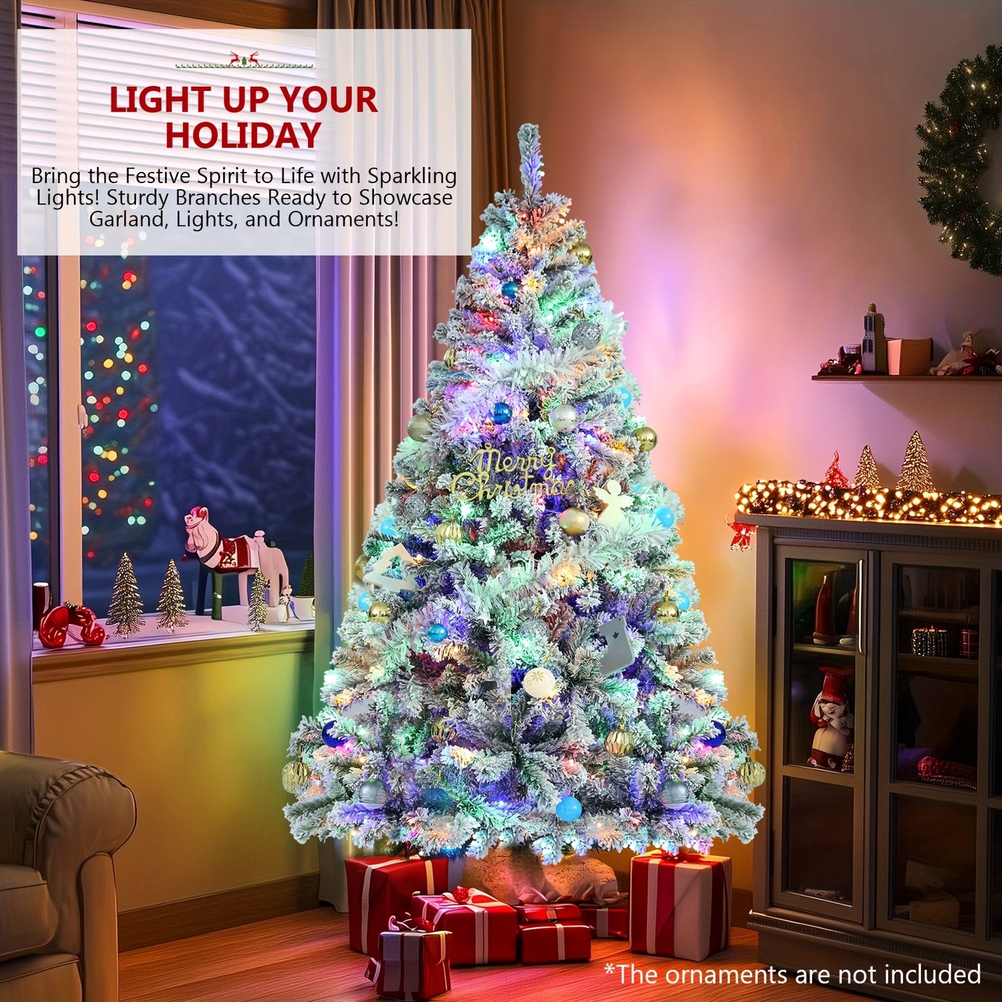 250 Multi-Color Lights 6FT Pre-lit Snow Flocked HOMDOX Artificial Christmas Tree with 640 PVC Branch Tips, 11 Adjustable Flash Rate Modes, Foldable Metal Stand, Hinged Branches