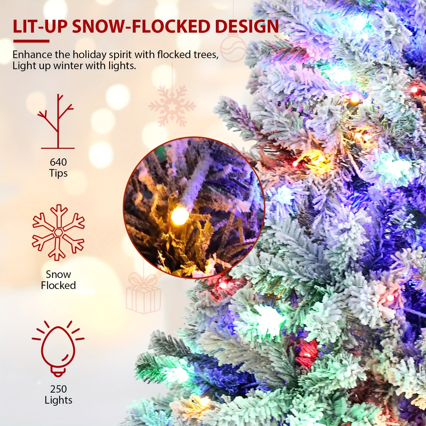 250 Multi-Color Lights 6FT Pre-lit Snow Flocked HOMDOX Artificial Christmas Tree with 640 PVC Branch Tips, 11 Adjustable Flash Rate Modes, Foldable Metal Stand, Hinged Branches