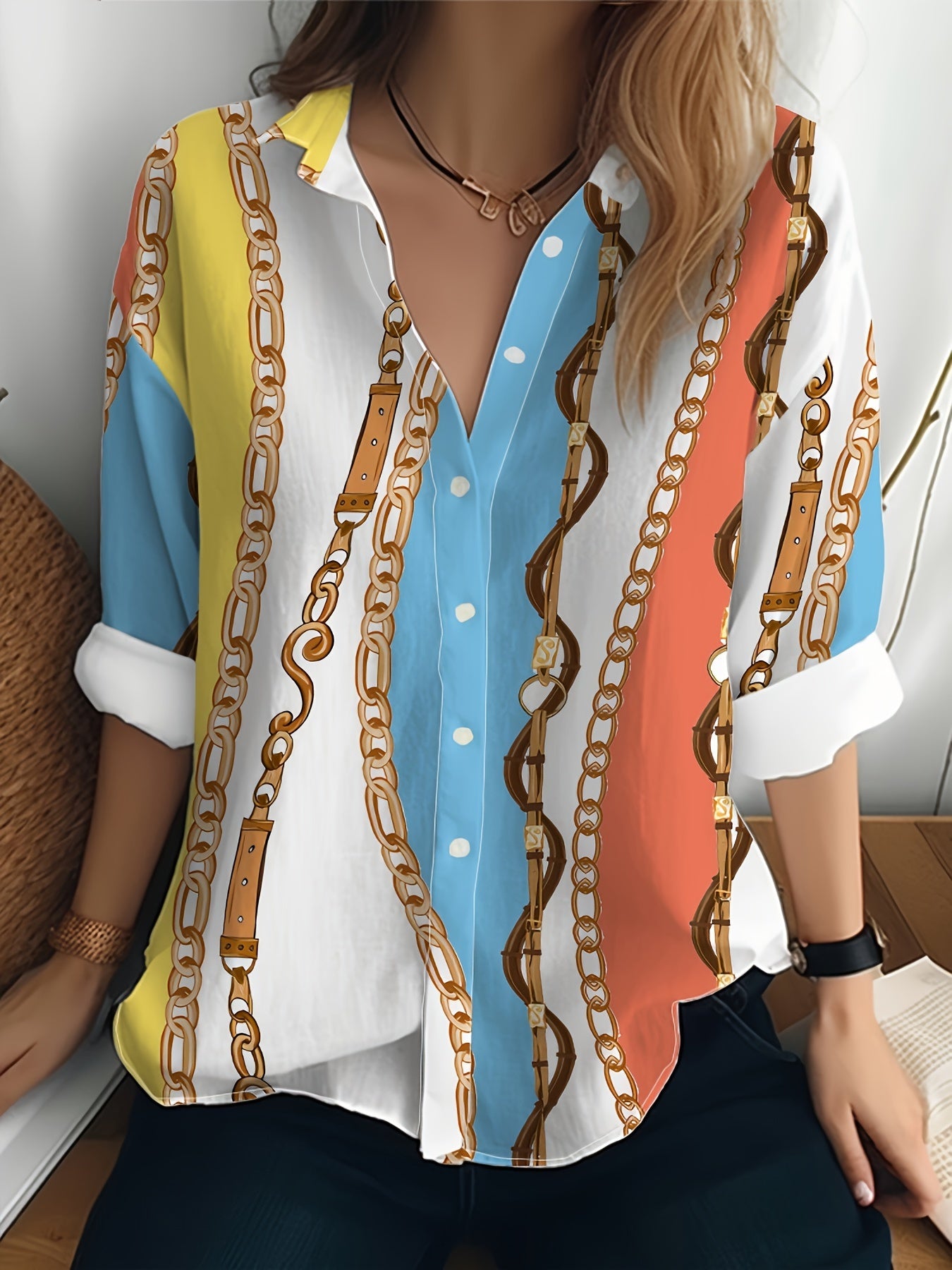 Long Sleeve Women's Blouse - Color Blocking Chain Printing, Button Front, Lapel Design - Versatile For Casual Or Office Wear