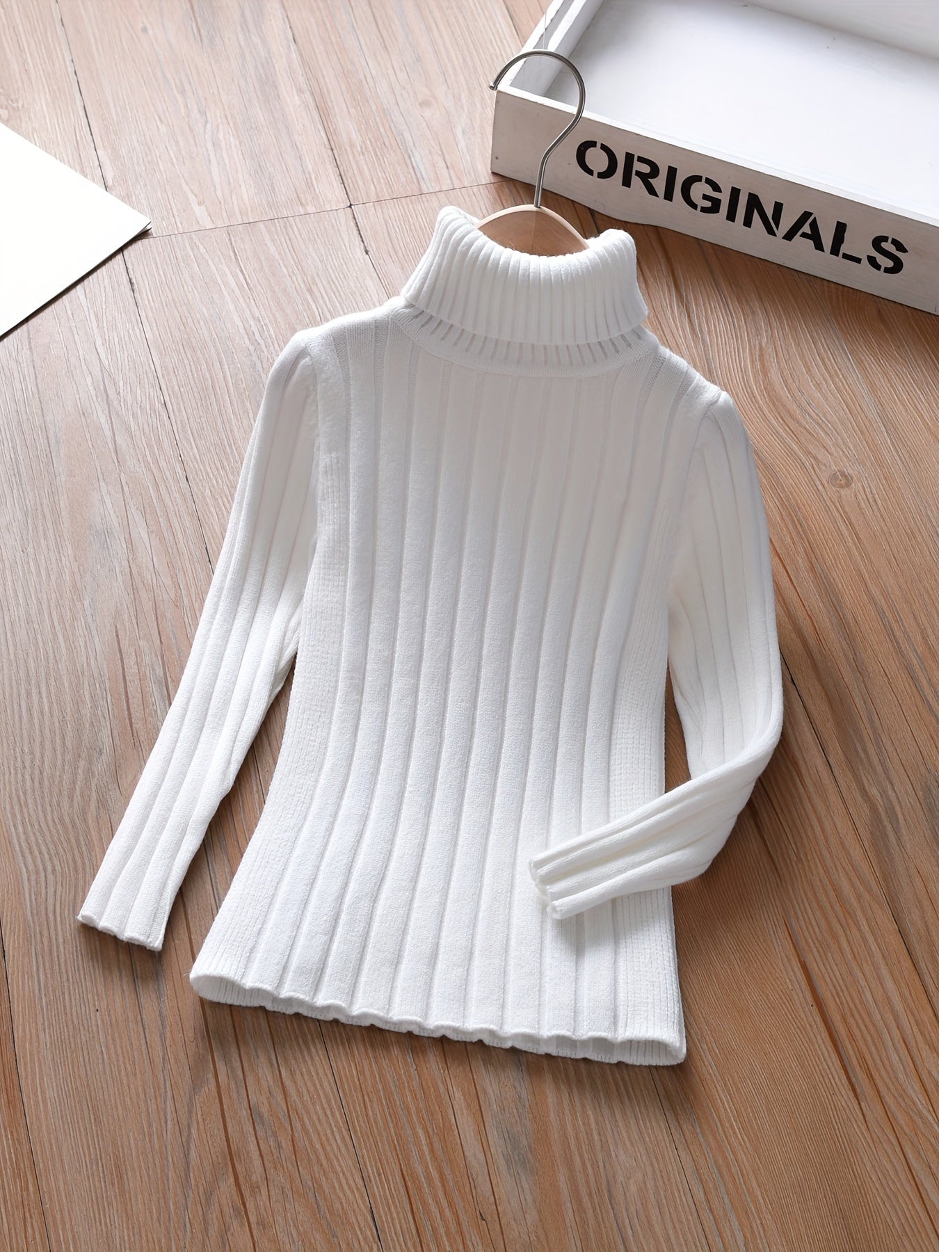 Long Sleeve Girls Elegant Turtleneck Knit Sweater for Spring Autumn with Vertical Striped Pattern