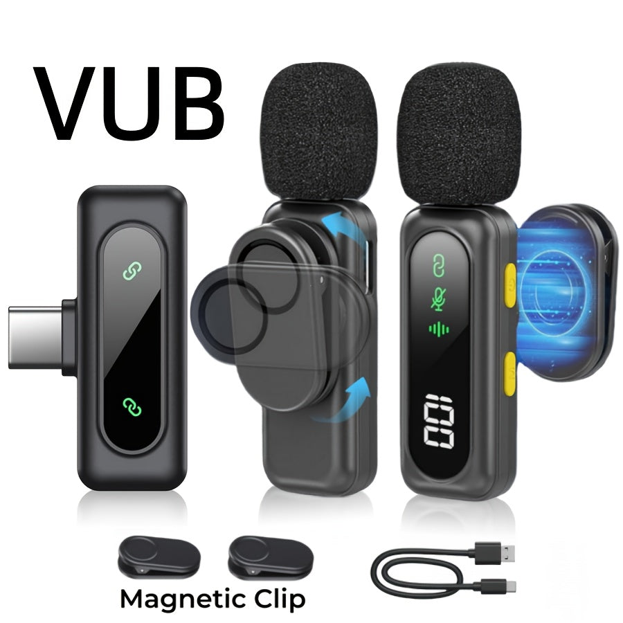 Professional Wireless Lavalier Microphone with Digital Battery Display, Feather Windshield, 360° Omnidirectional, USB-C Connector, 100ft Range, 2.4G Wireless Function, DSP Chip Professional Noise Reduction, Rotatable Magneti