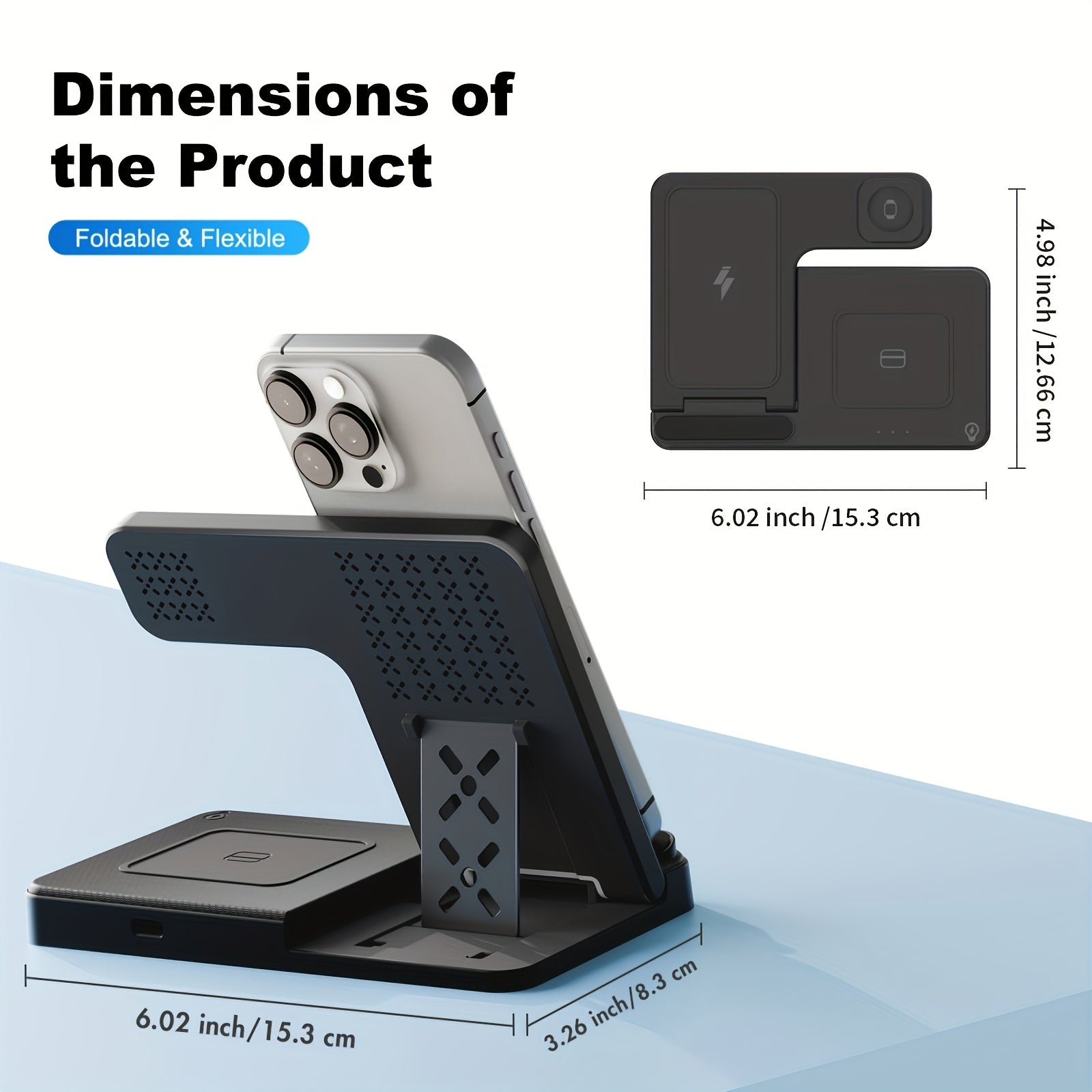 Foldable 3-in-1 Wireless Charger Station, 15W Fast Charging Charger Stand, for iPhone 16 15 14 13 12 11 X 8 Pro Max/Pro/Mini/Plus, for iWatch Ultra10/9/8/7/6/5/4/3/2 SE, for AirPods 3/2/Pro Multiple Devices,zip Ties Alternati