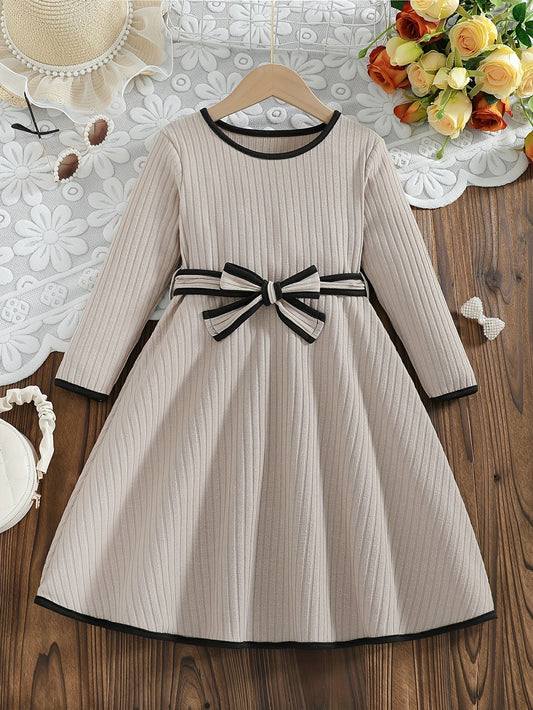 Charming Bow Waist Long-Sleeve Dress for Girls - Elegant Casual Wear for Spring & Fall, Party, Holiday, and Gift-Giving - Soft, Comfortable, and Stylish