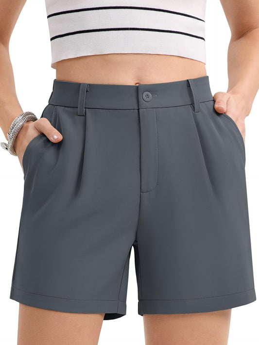 Women's Shorts Dressy Casual Pleated Straight Leg Shorts Summer Elastic Waist Mid Rise Shorts With Pockets Solid Casual Outdoor Shorts Straight-Leg Camping Shorts Breathable Lightweight Stylish Running Shorts