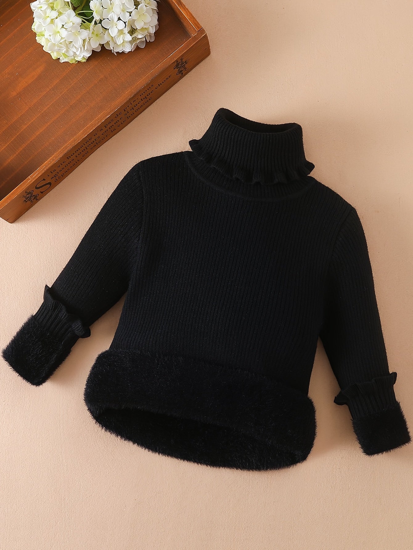 Girls' High Collar Sweater Casual Style with Solid Pattern And Long Sleeves, Slightly Stretchy Knitted Fabric with Elegant Detail