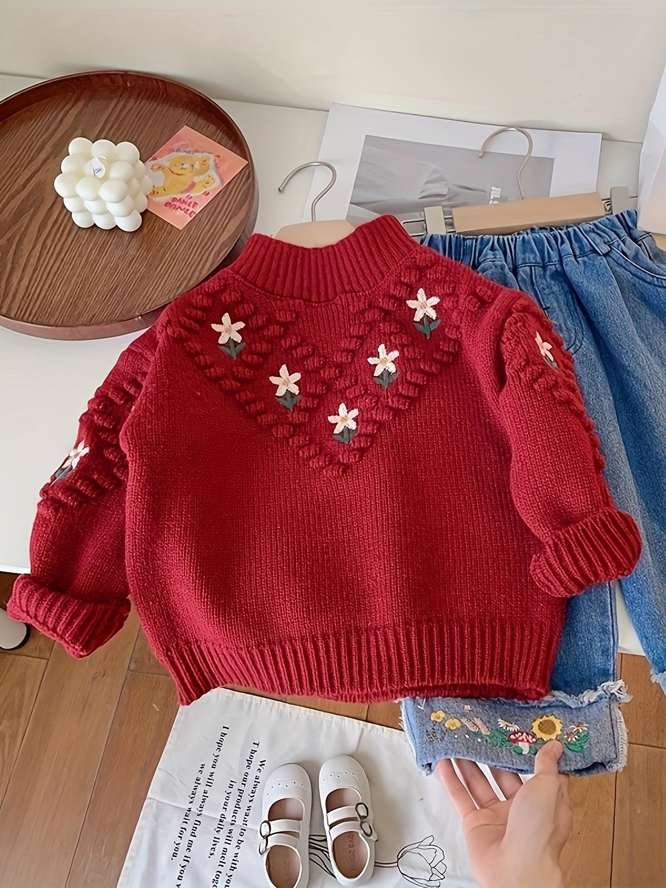 Thick Sweet Flowers Pattern Knit Comfy Crew Neck Long Sleeve Sweater For Girls Winter/ Fall Clothing