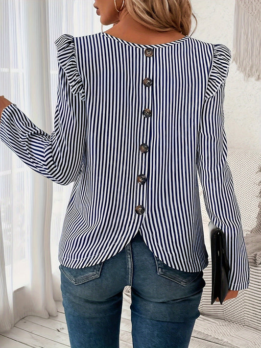 Stripe Print Button Back Button Ruffle Shirt