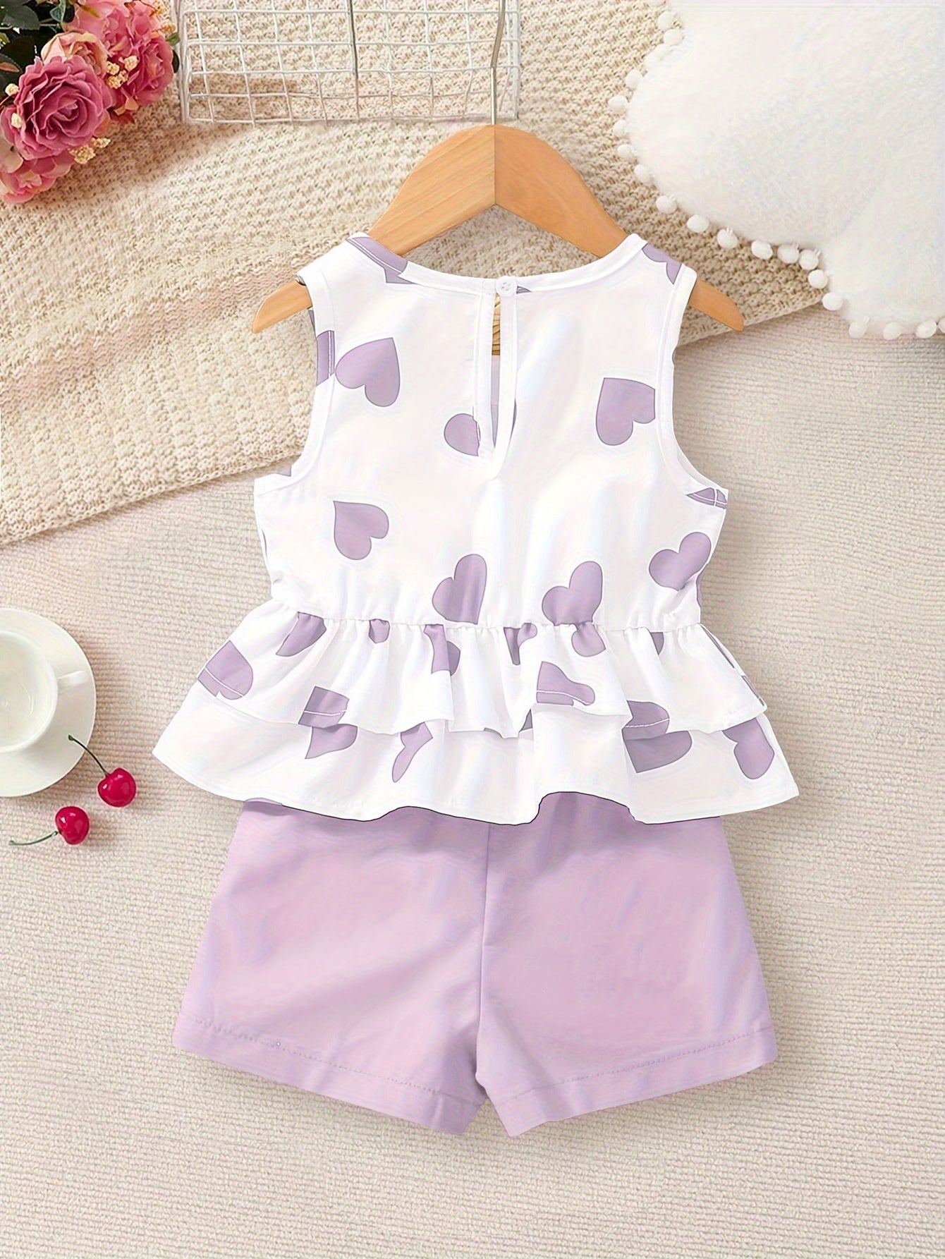 2-Piece Girls’ Purple Heart Tank Top + Shorts Set – Holiday Leisure Outfit