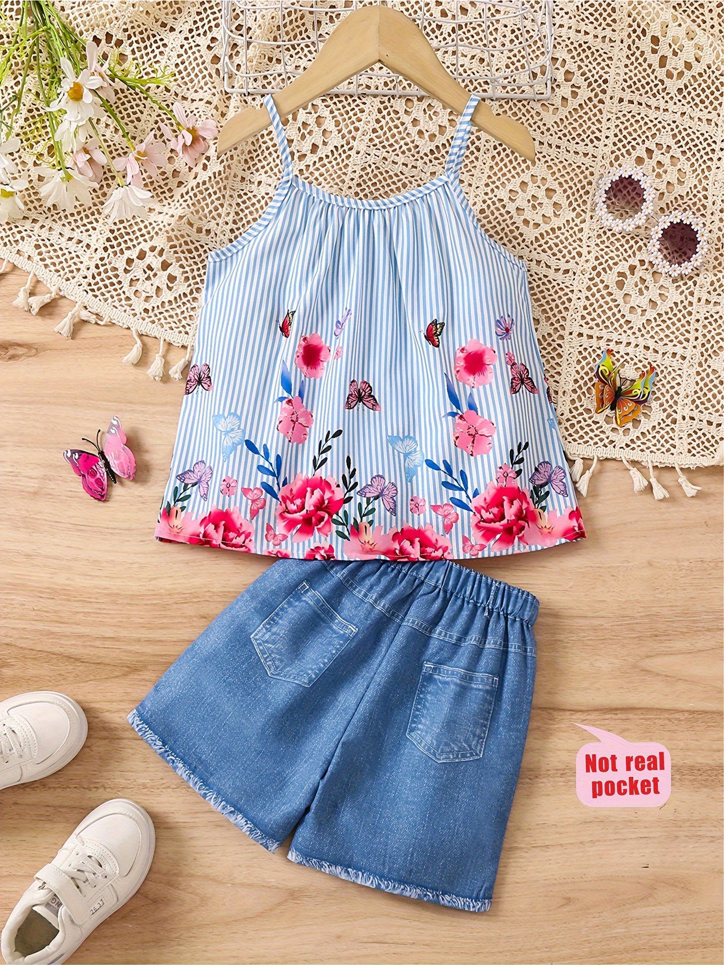 3D Full Print Girl's Outfit: Blue Striped Floral Camisole Top + Legging Shorts for Summer Outdoor Casual Activities