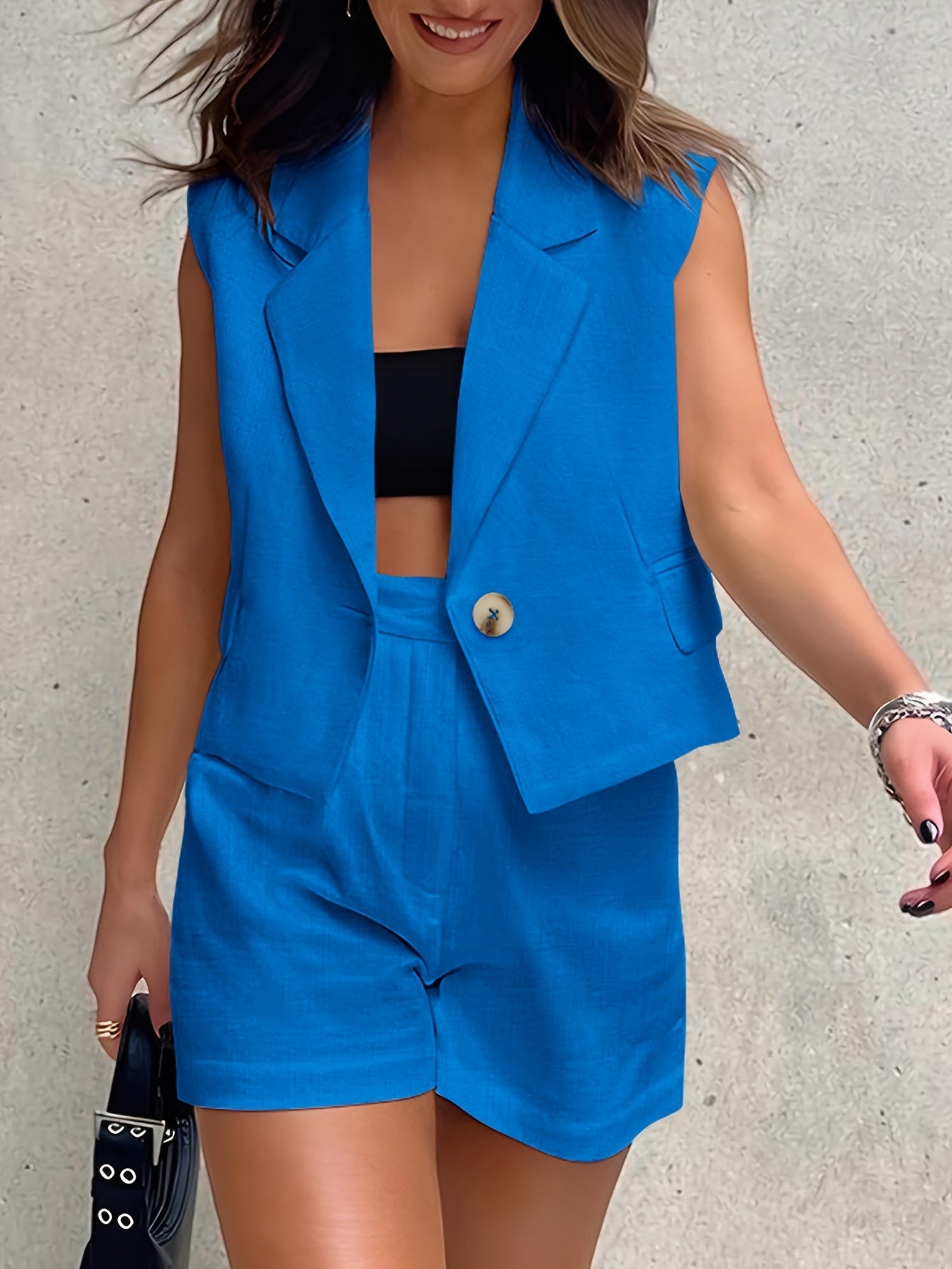 Women's Summer Two-piece Button-up Sleeveless Crop Vest Jacket And High-waisted Shorts Suit Casual Wear