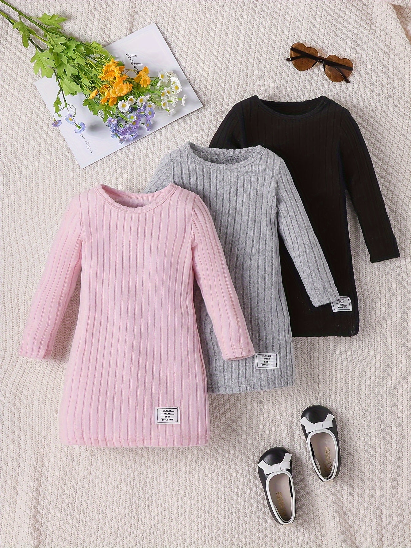 3pcs Solid Ribbed Knit Comfy Dress Set for Girls, Elegant Dresses for Spring Fall Gift, Outdoor Cloth