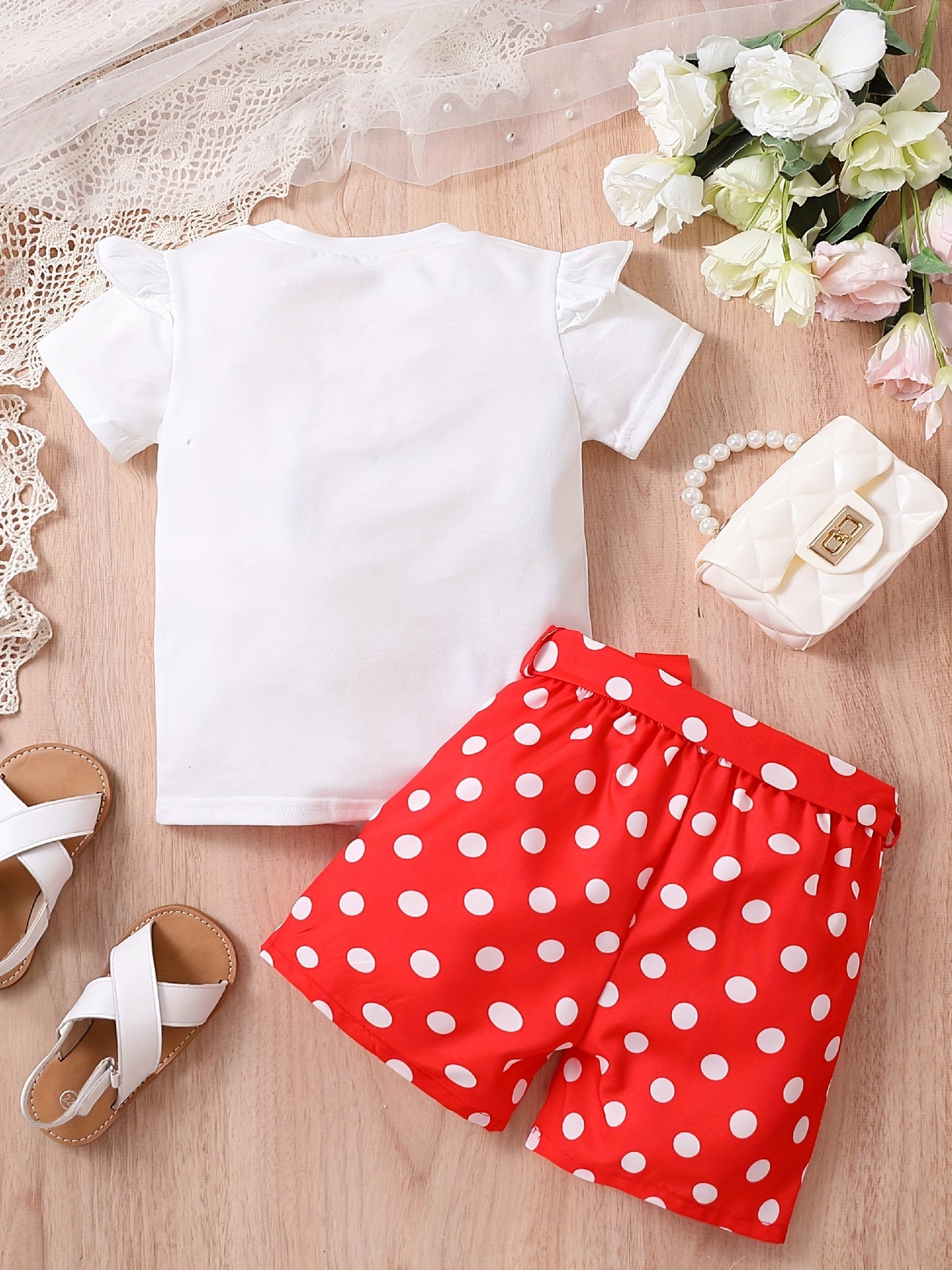 2pcs Toddler Girls’ Graphic T-Shirt & Shorts Set – Ruffle Trim, Polka Dot Belt & Bow Design