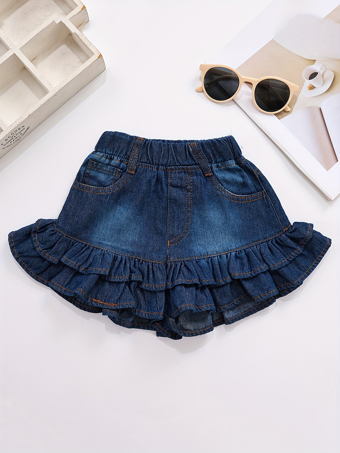 Toddle Girls' Denim Ruffled Hem Shorts, Casual Elastic Waist Denim Short