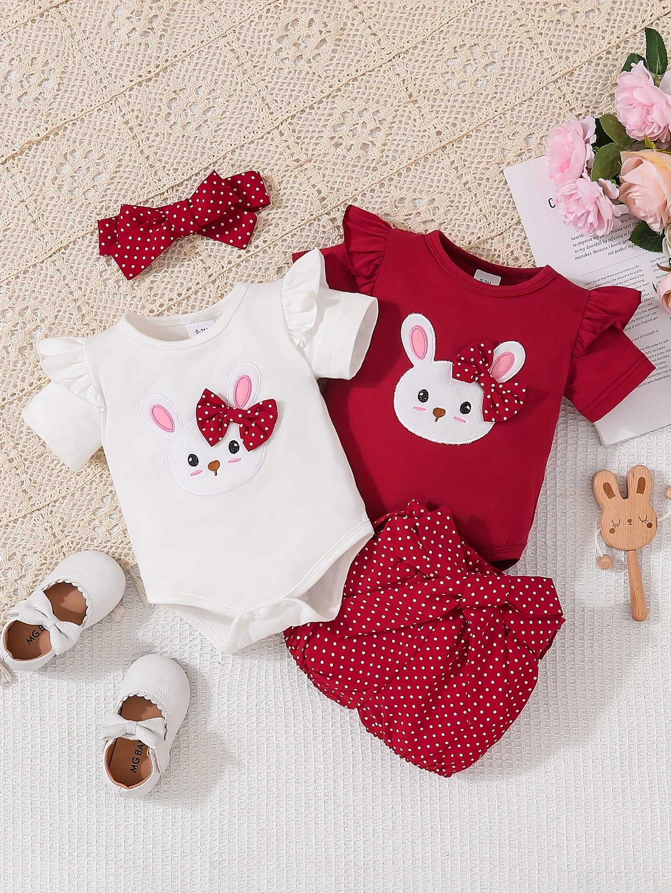 3pcs Infant Bunny Embroidered Summer Set – Short Sleeve Onesie & Polka Dot Shorts for Baby Girls