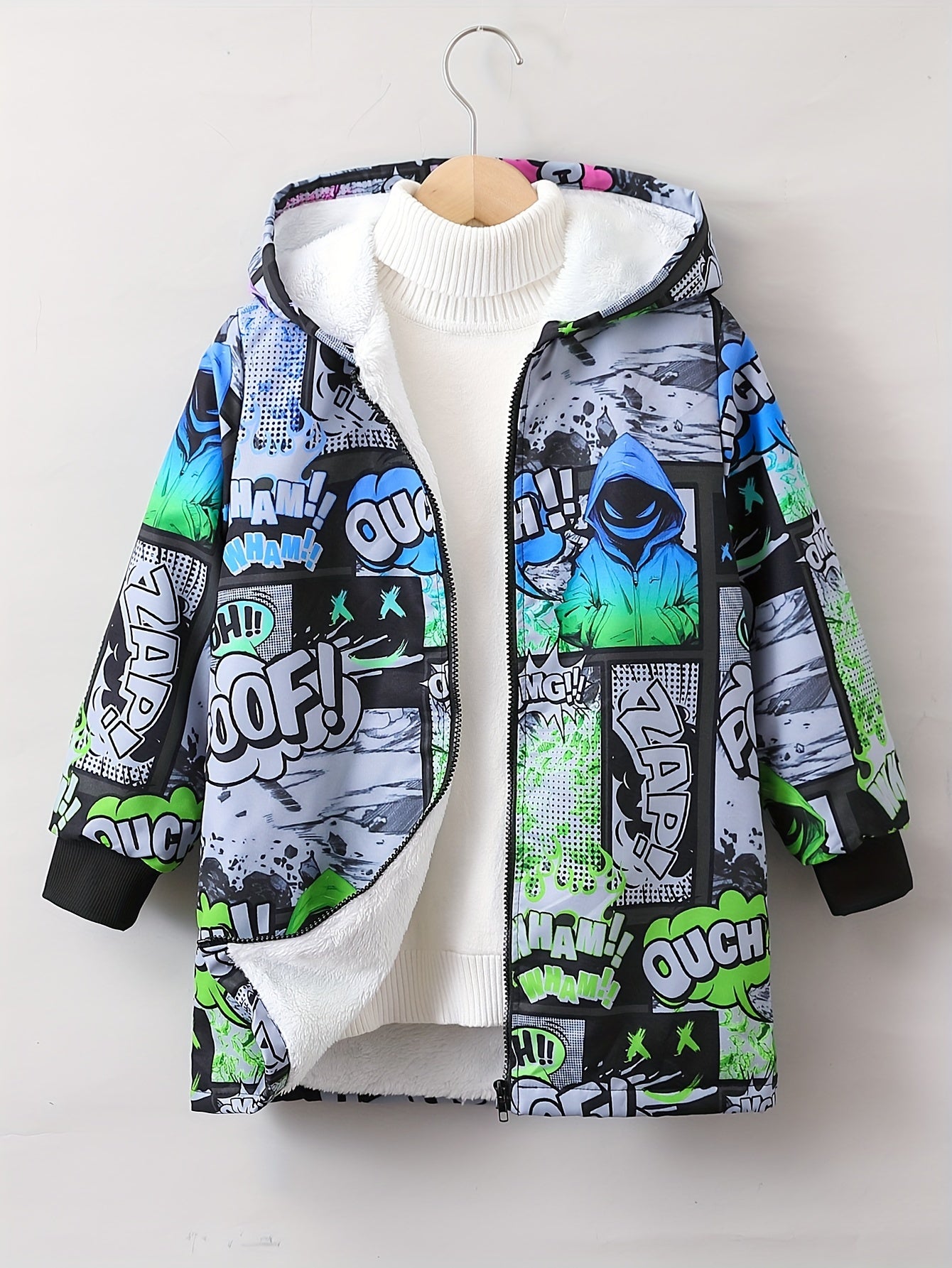 Stylish Anime Pattern Boys' Hooded Jacket - Thick Fleece Lined, Long Sleeve, Zip Up, Water Resistant, Windproof, and Breathable