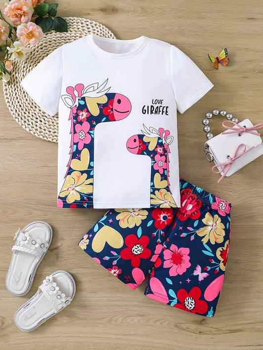 2pcs Girls Short Sleeve Giraffe And Flower Print T-shirt & Floral Shorts