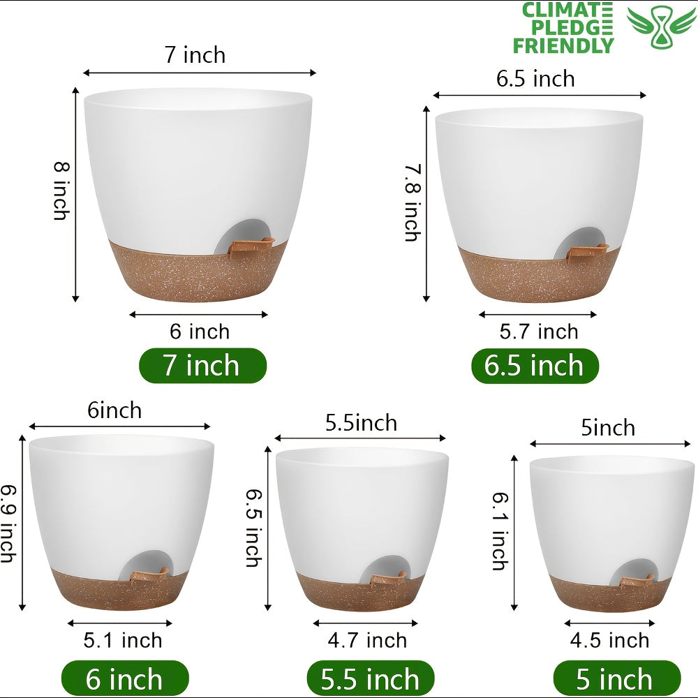 Set of 5 Self-Watering Plant Pots (5–7 Inch) – Plastic Planters with Drainage Holes & Saucers