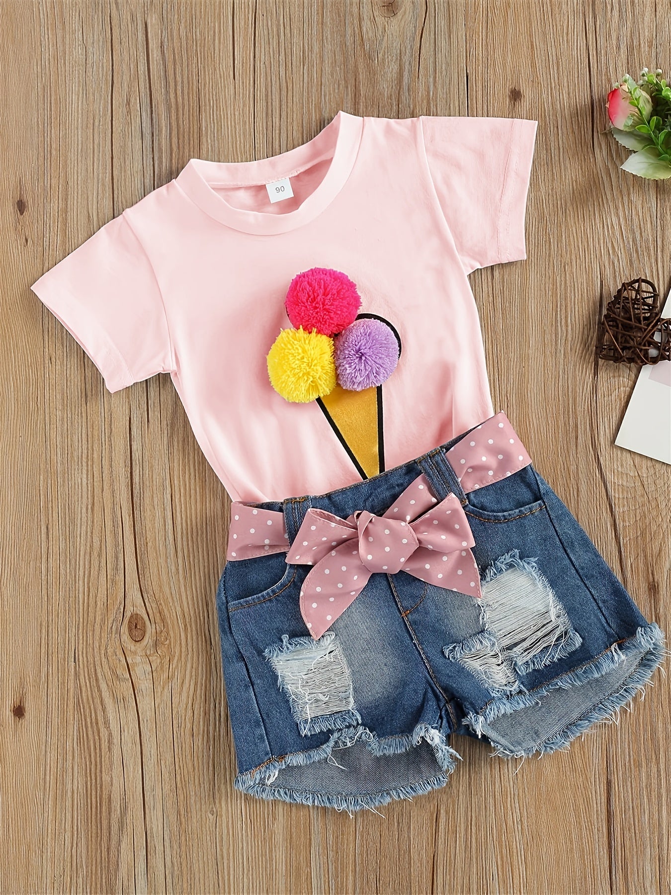 2pcs Cute Pom Pom Denim Shorts Set, Girls' Ince Cream Decor T-shirt & Outdoor Clothes