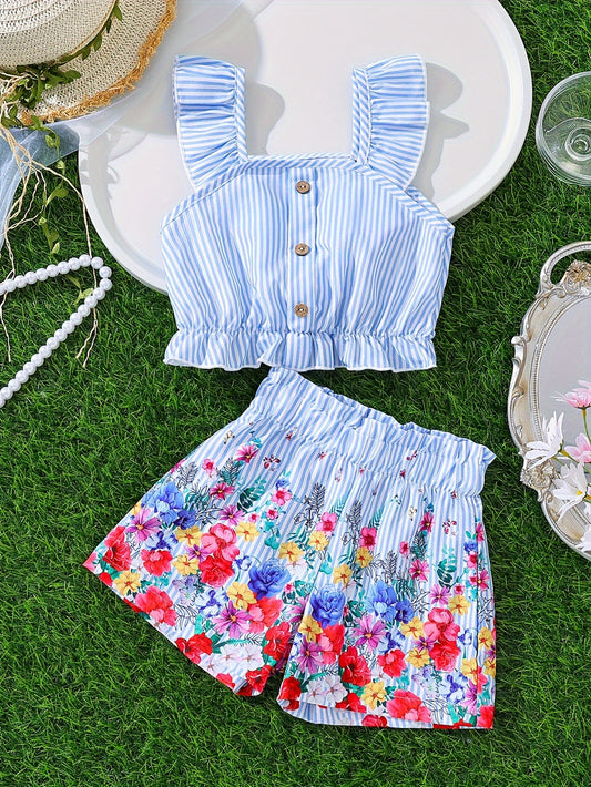 Cute Striped Suspender Top + Flower Striped Shorts 2-Piece Girl's Set, Girls Summer Outdoor Clothes, Holiday Gift Casual Wear