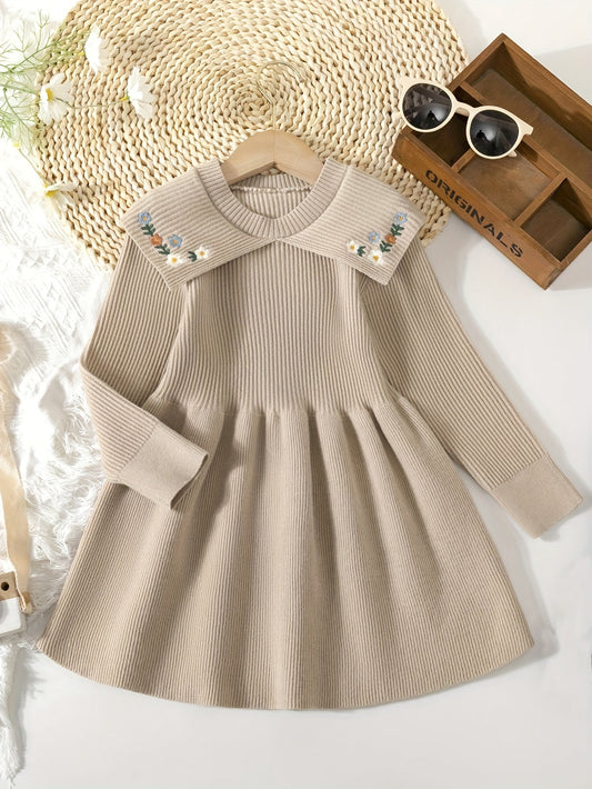 Girls' Embroidered A-line Short Sweater Dresses with Knitted Flower Pattern Lapel Collar for Fall Winter