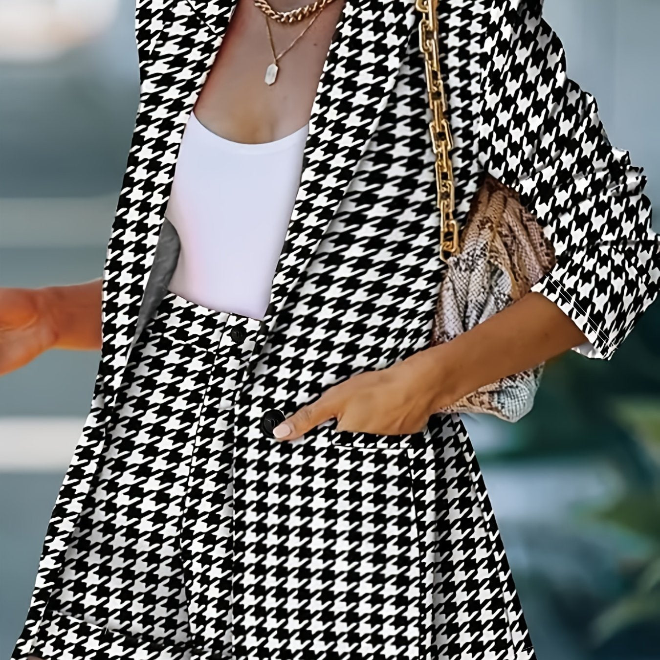 Single Breasted Elegant Houndstooth Pattern Women's Clothing: Long Sleeve Shawl Collar Blazer & High Waist Aline Shorts Set