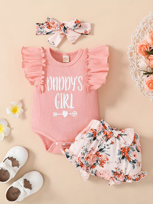 3pcs Baby Girls’ "Daddy's Girl" Ruffle Sleeve Onesie, Floral Shorts & Headband – Summer Outdoor Set