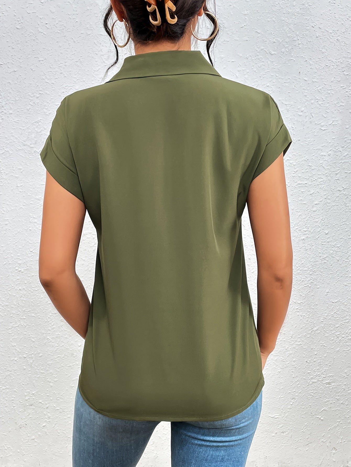 Vibrant Solid Color Short Sleeve Blouse - Convenient Zipper Front Closure, Relaxed Casual Style, Perfect for Spring and Summer Seasons - Womens Clothing for Warm Weather