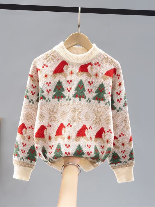 Girls' Round Neck Sweater, Polyester Knit Pullover, Festive Christmas Pattern, Stretchy Fabric, Regular Fit, Autumn/Winter Fashion, Kids' Clothing