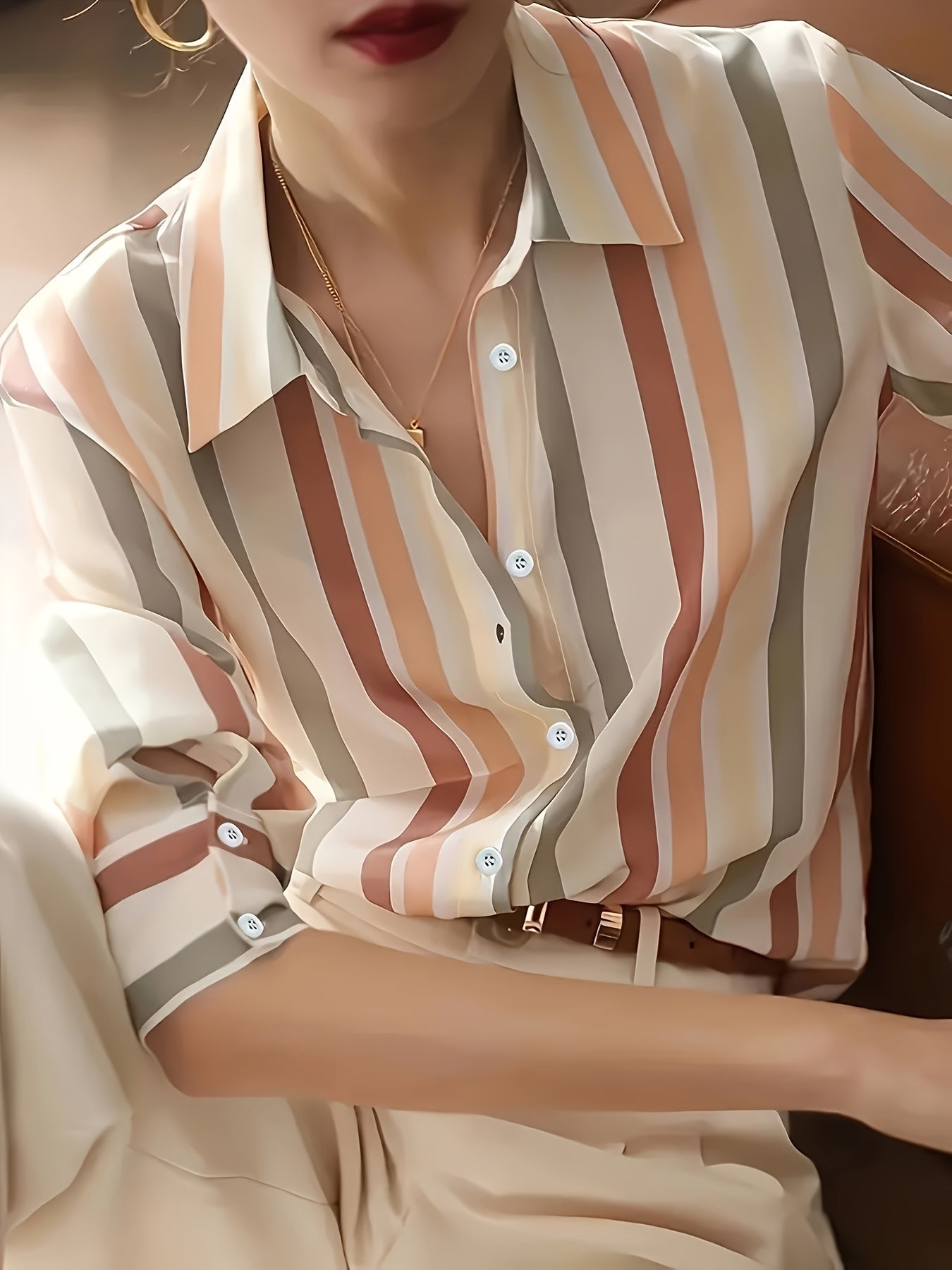 Color Block Button Front Shirt Spring And Autumn Casual Long-sleeved Shirt Women's Wear