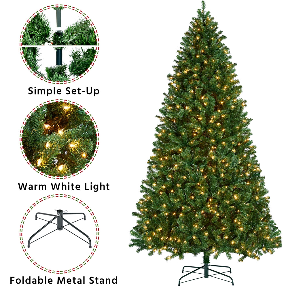 Costoffs 4ft/4.5ft/6ft/7.5ft/9ft/12ft Christmas Tree Hinged Prelighted Pine Tree for Home Party Holiday Decoration with Lights, Easy Assembly, Metal Hinges & Foldable Base