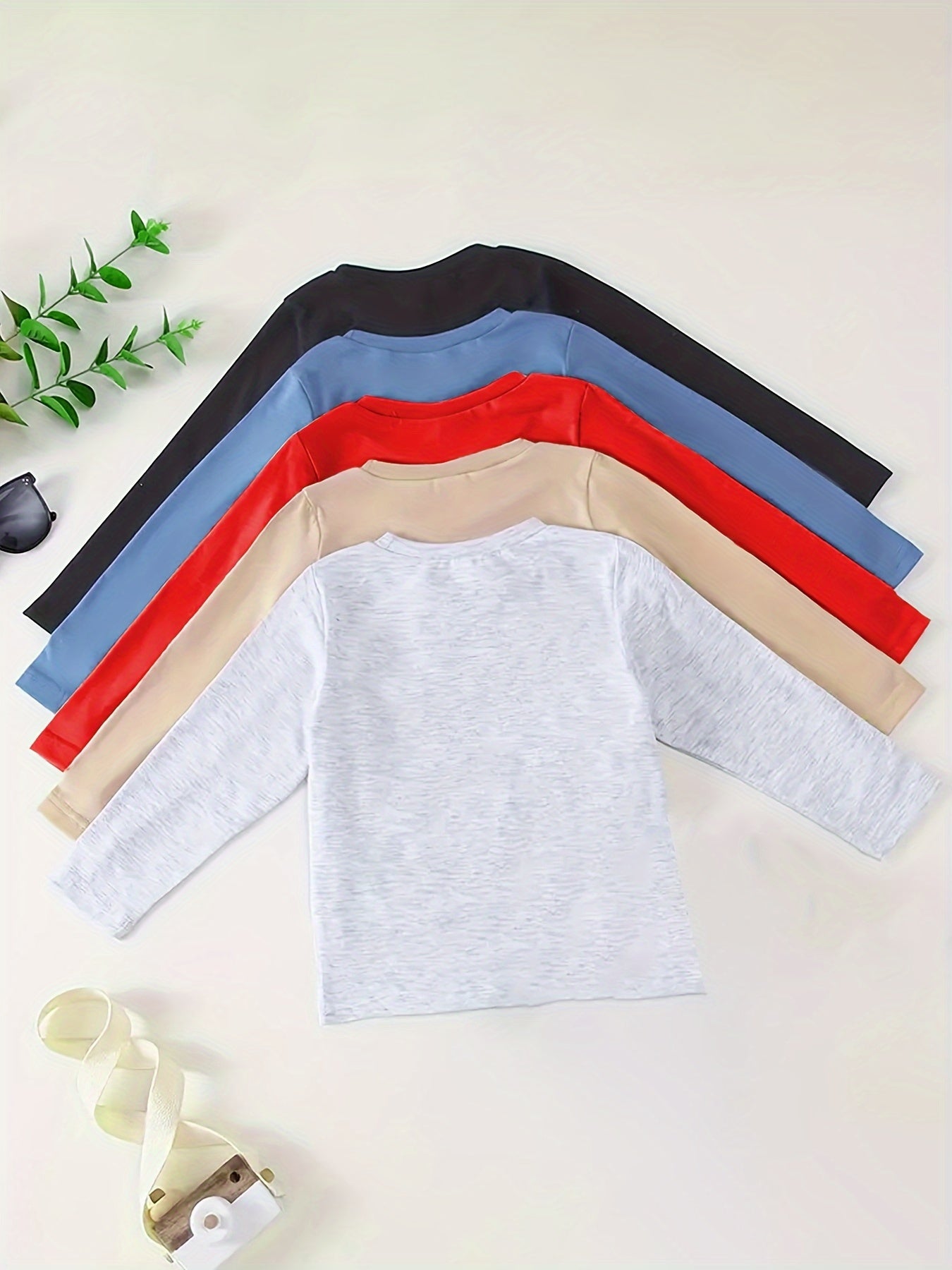 5pcs Boys’ Solid Color Long Sleeve T-Shirts – Stretchy & Comfortable for Fall/Winter