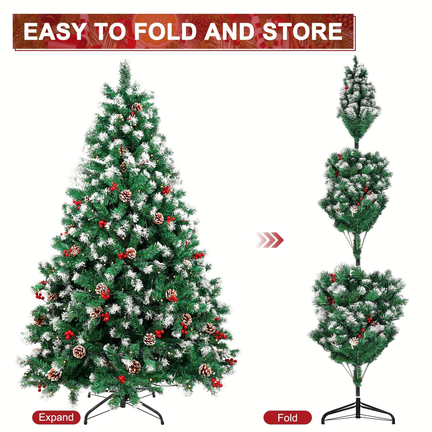 6 Ft Prelit Artificial Christmas Tree, 800 PVC Branch Tips, 250 Warm White LED Lights, Easy Assembly With Metal Stand And Hinged Branches