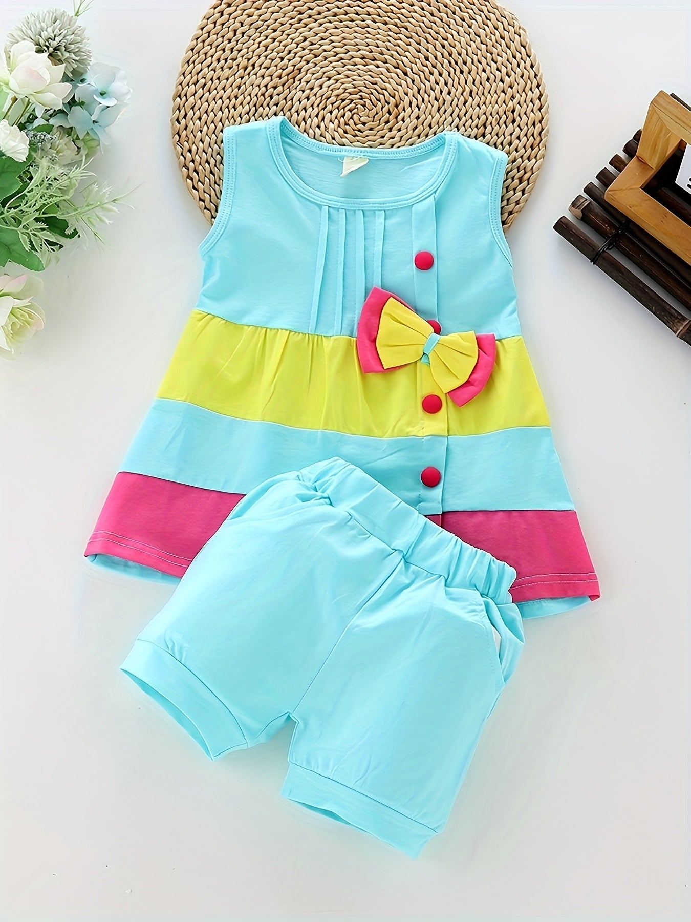 Baby girl fashion summer bow patchwork vest shorts two-piece set of western-style outfits