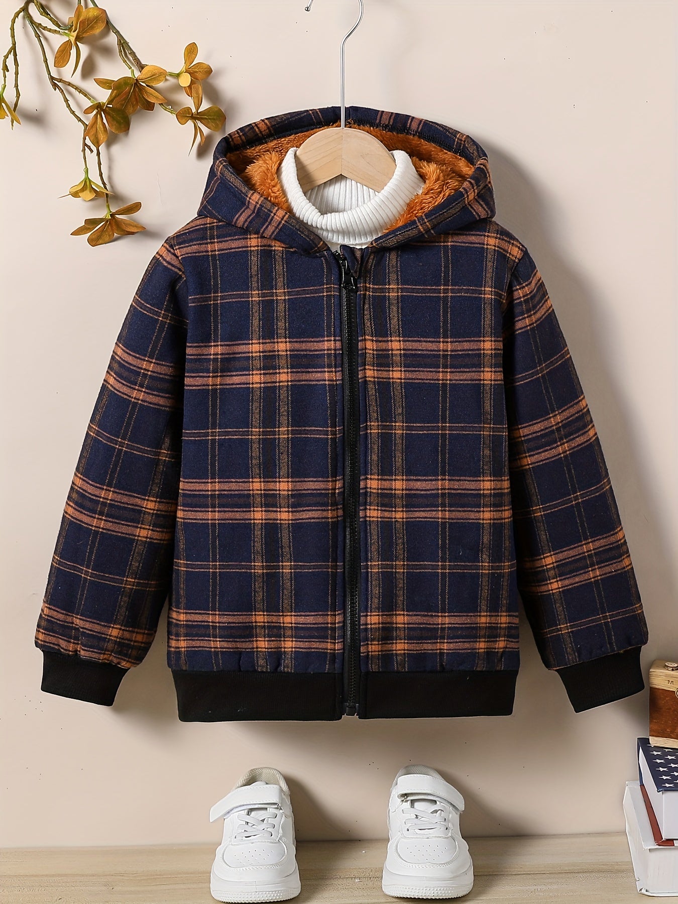 Boys Winter Plaid Fleece-lined Warm Hooded Jacket With Zipper