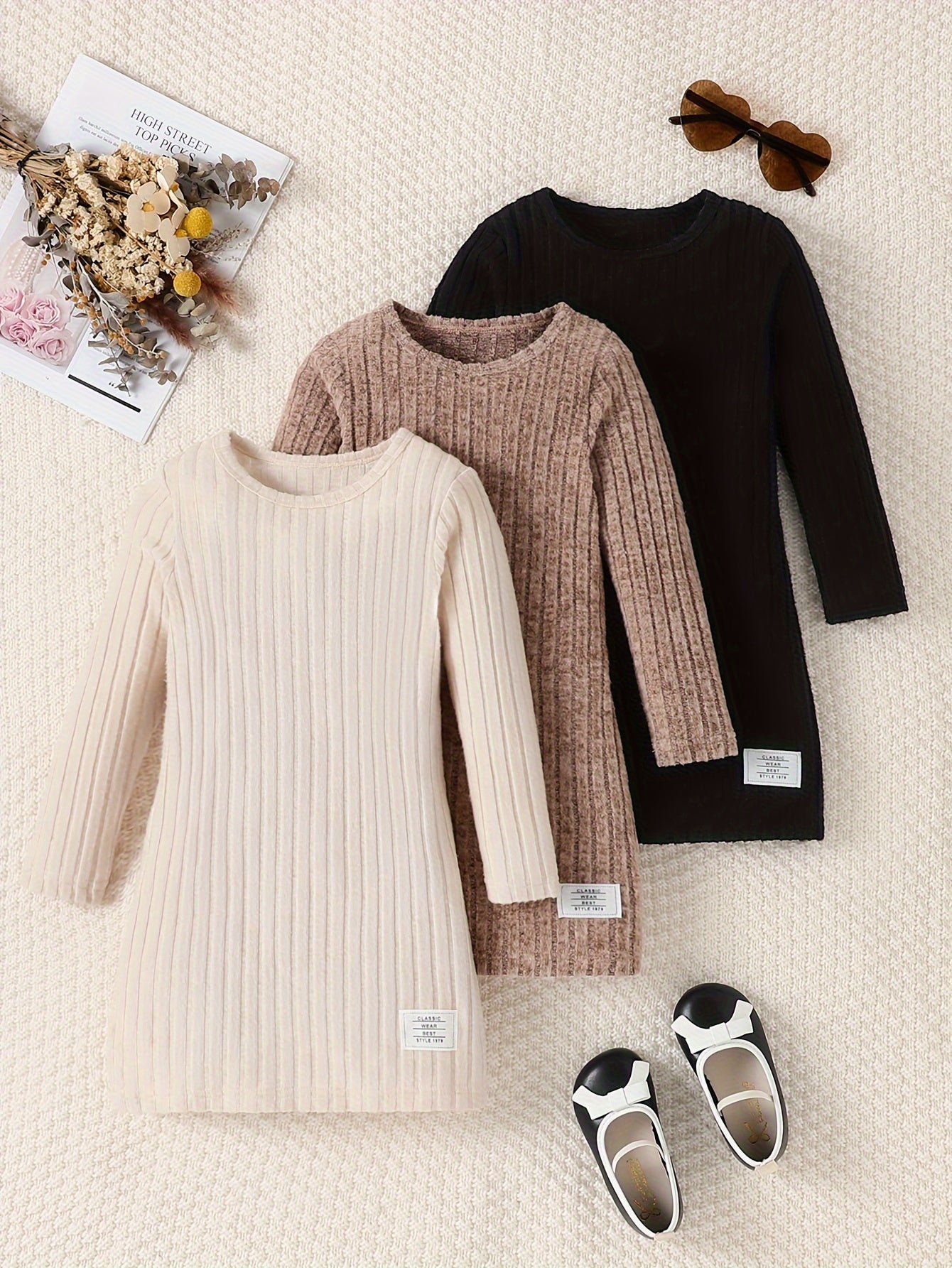 3pcs Solid Ribbed Knit Comfy Dress Set for Girls, Elegant Dresses for Spring Fall Gift, Outdoor Cloth