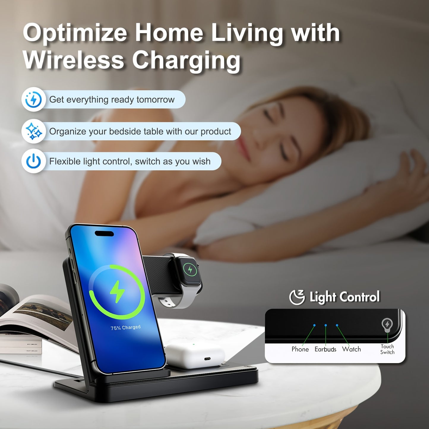 Foldable 3-in-1 Wireless Charger Station, 15W Fast Charging Charger Stand, for iPhone 16 15 14 13 12 11 X 8 Pro Max/Pro/Mini/Plus, for iWatch Ultra10/9/8/7/6/5/4/3/2 SE, for AirPods 3/2/Pro Multiple Devices,zip Ties Alternati