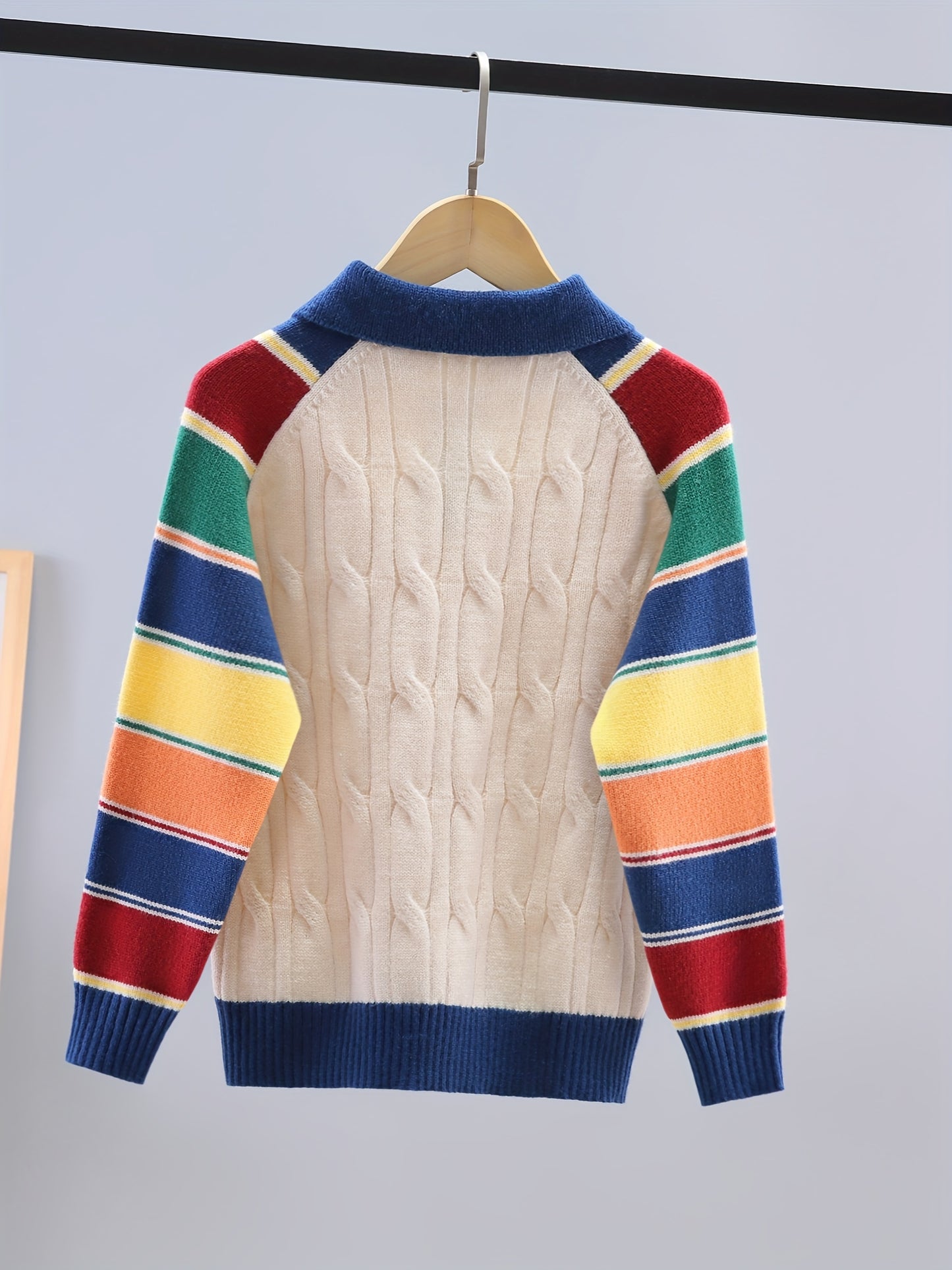 Children's Knit Sweater with Stripes and Button Detail, Casual Style, Loose Fit, Reversible Collar, Elastic Microfiber Fabric, Fall/Winter Collection