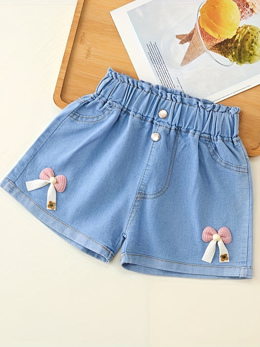 Girls' Floral Patched Light Blue Jean Shorts - 82% Cotton, Elastic Waist, Cuffed Hem, Casual All-Match