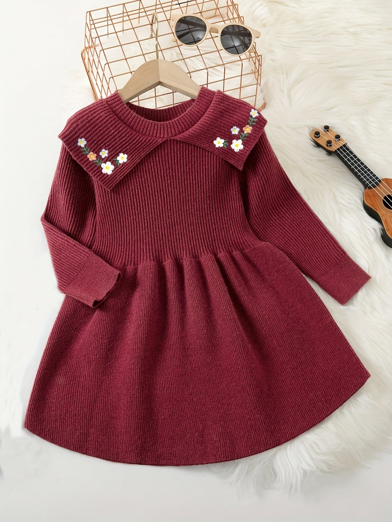 Girls' Embroidered A-line Short Sweater Dresses with Knitted Flower Pattern Lapel Collar for Fall Winter