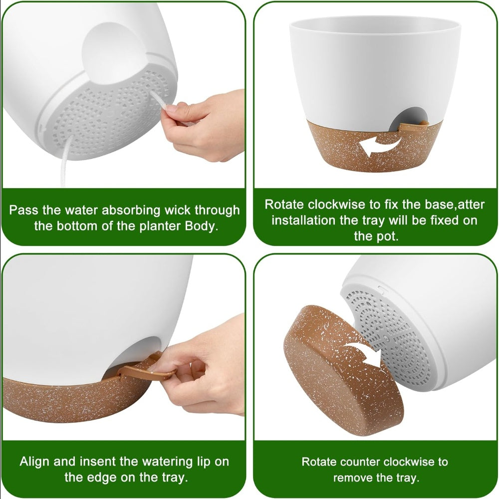 Set of 5 Self-Watering Plant Pots (5–7 Inch) – Plastic Planters with Drainage Holes & Saucers