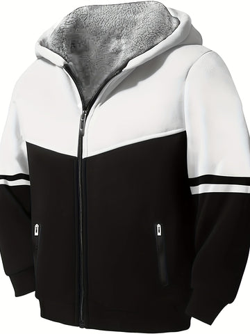 Boy's Warm Fuzzy Lining Hooded Jacket, Color Clash Casual Zip Up Coat — view 1 of outerwear