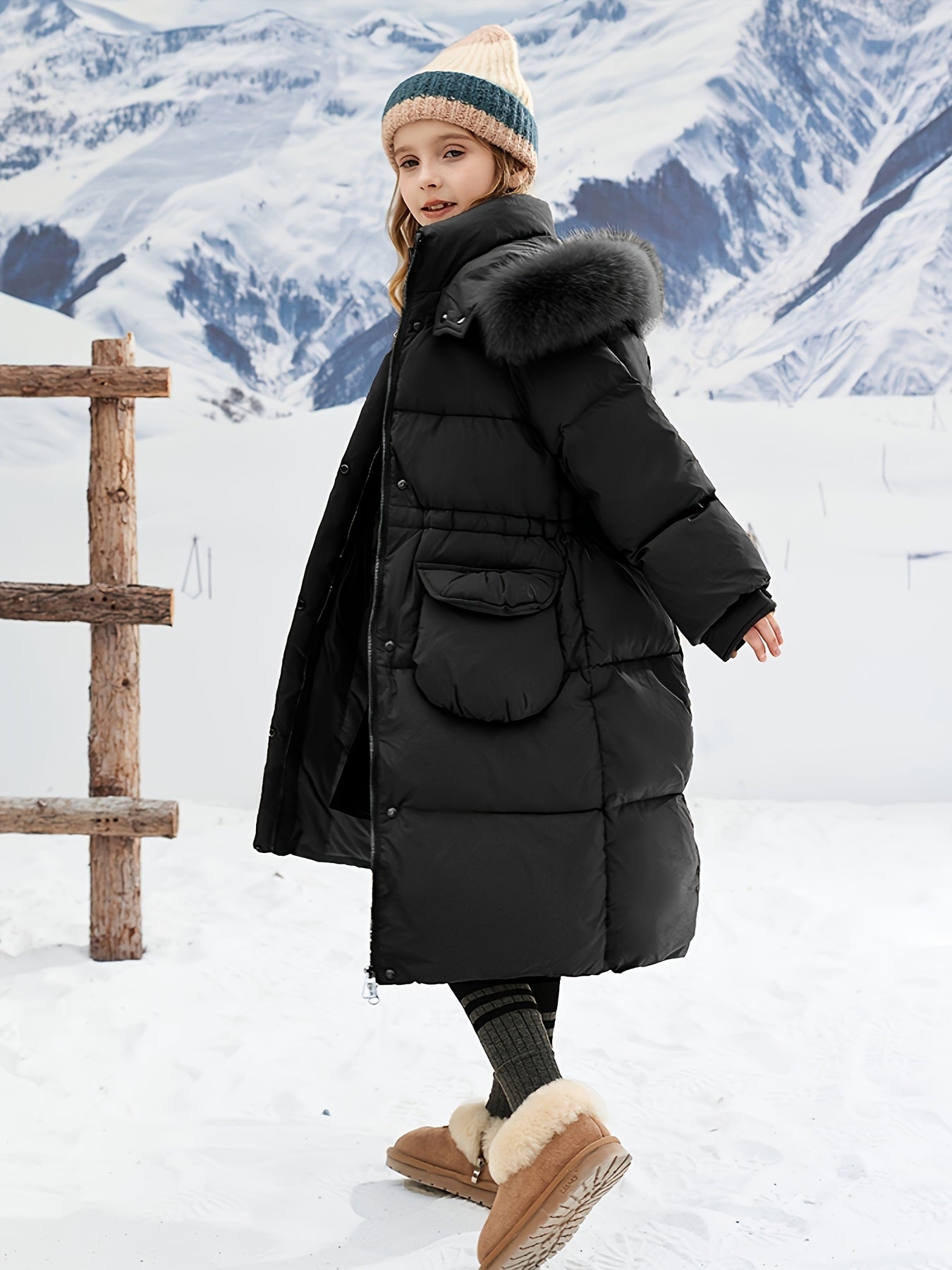 Girls Winter Long Hooded Coat With Large Pockets, Elegant Style Furry Hooded Coldproof Long Snow Suits