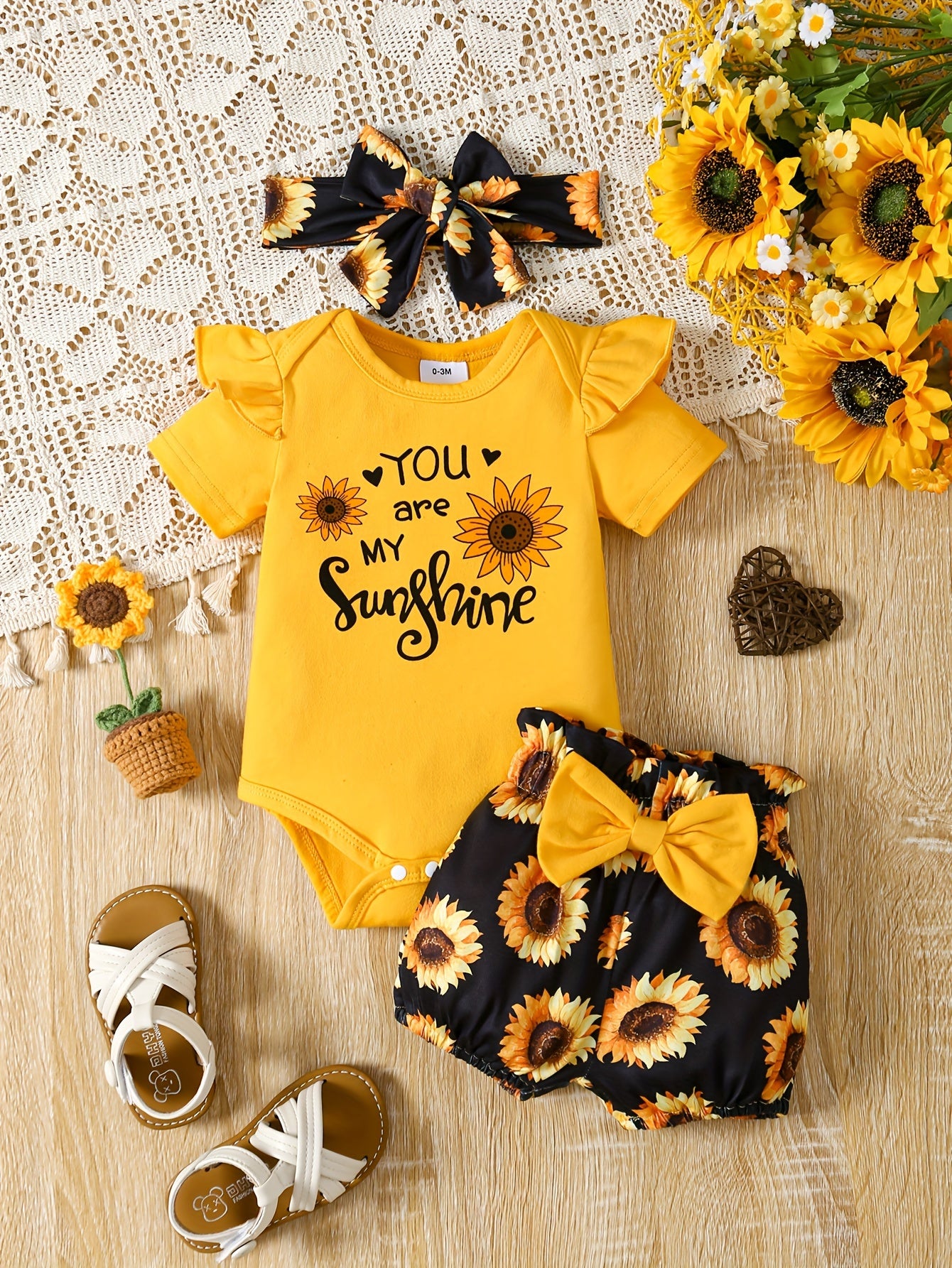 2pcs "You Are My Sunshine" Print Toddler & Infant Girl's Clothes Set, Ruffled Bodysuit & Headband & Sunflower Full Print Shorts