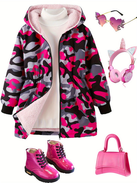 Girl's Camouflage Long Sleeve Hooded Jacket, Cute Trendy Versatile Fleece Lining Windproof Coat For Winter And Autumn